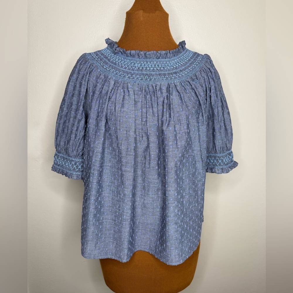 LOFT Smocked Chambray Top Swiss Dot Texture Details Size Medium